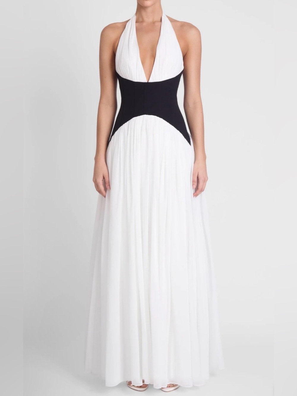 Elegant White Halter Evening Dress with Black Waist - Harlowe